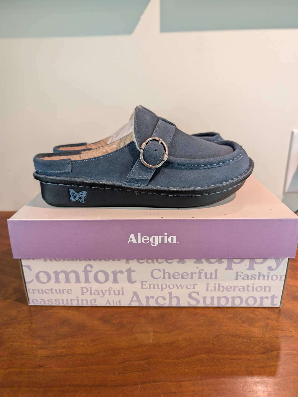 Alegria PG Lite Brigid Cinder Blue Suede Slip On Mule Comfort Women's Sz 7-7.5
